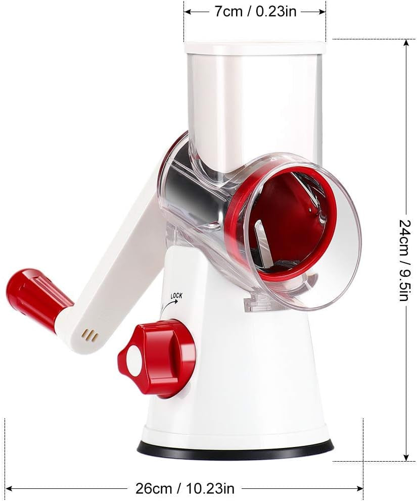 Rotary Cheese Grater Hand Crank, Kitchen Shredder Speed Mandolin Slicer Nuts Grinder with Handle and Drum Blades for Cheese, Vegetable, Walnuts, Chocolate, Potato, Carrot, 3 Blades, White