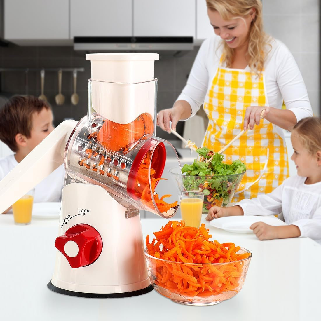 Rotary Cheese Grater Hand Crank, Kitchen Shredder Speed Mandolin Slicer Nuts Grinder with Handle and Drum Blades for Cheese, Vegetable, Walnuts, Chocolate, Potato, Carrot, 3 Blades, White