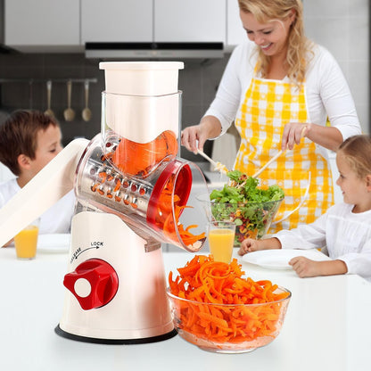 Rotary Cheese Grater Hand Crank, Kitchen Shredder Speed Mandolin Slicer Nuts Grinder with Handle and Drum Blades for Cheese, Vegetable, Walnuts, Chocolate, Potato, Carrot, 3 Blades, White