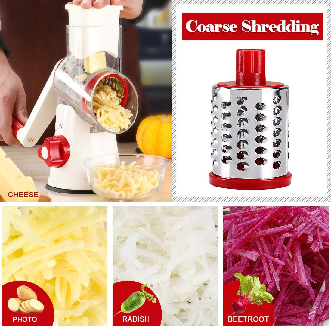Rotary Cheese Grater Hand Crank, Kitchen Shredder Speed Mandolin Slicer Nuts Grinder with Handle and Drum Blades for Cheese, Vegetable, Walnuts, Chocolate, Potato, Carrot, 3 Blades, White