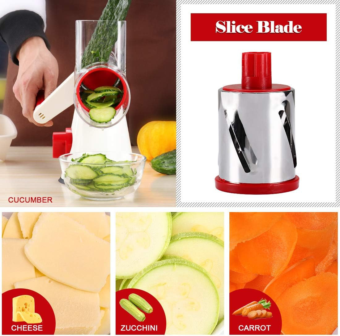 Rotary Cheese Grater Hand Crank, Kitchen Shredder Speed Mandolin Slicer Nuts Grinder with Handle and Drum Blades for Cheese, Vegetable, Walnuts, Chocolate, Potato, Carrot, 3 Blades, White