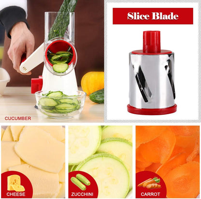 Rotary Cheese Grater Hand Crank, Kitchen Shredder Speed Mandolin Slicer Nuts Grinder with Handle and Drum Blades for Cheese, Vegetable, Walnuts, Chocolate, Potato, Carrot, 3 Blades, White