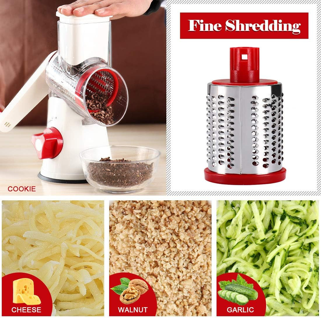 Rotary Cheese Grater Hand Crank, Kitchen Shredder Speed Mandolin Slicer Nuts Grinder with Handle and Drum Blades for Cheese, Vegetable, Walnuts, Chocolate, Potato, Carrot, 3 Blades, White