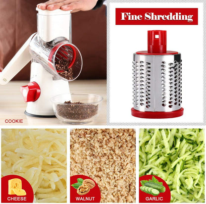 Rotary Cheese Grater Hand Crank, Kitchen Shredder Speed Mandolin Slicer Nuts Grinder with Handle and Drum Blades for Cheese, Vegetable, Walnuts, Chocolate, Potato, Carrot, 3 Blades, White